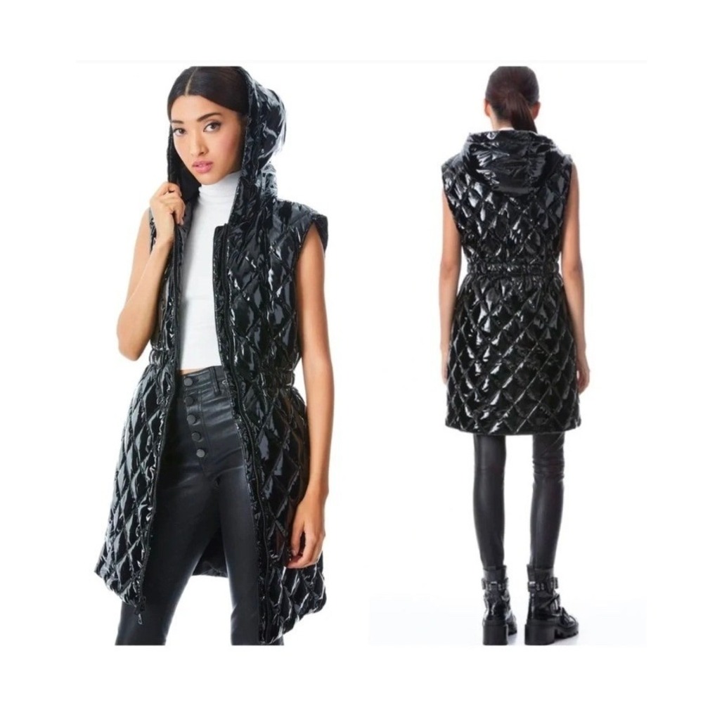 Alice + Olivia Daniel Maxi Black Quilted Hooded Puffer Vest S